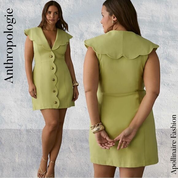 ANTHROPOLOGIE MAEVE SCALLOPED MINI DRESS IN CHARTREUSE IN XL NWT - Picture 1 of 9